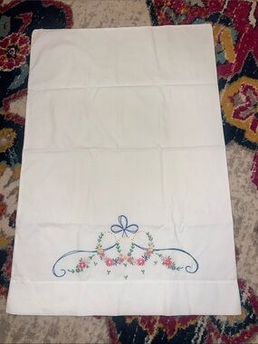 Hand sewn White and blue Embroidered Floral pillow case- standard size bedding